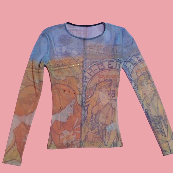 Y2K ALPHONSE MUCHA Art NOUVEAU Print Mesh Long Sleeve Blouse W/Rhinestones. XS-S - Picture 2 of 16
